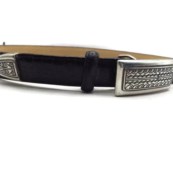 VINTAGE BRIGHTON BLACK LEATHER SILVER BELT Vintage Black Leather Brighton Tooled Silver Buckle Pressed  main image 3